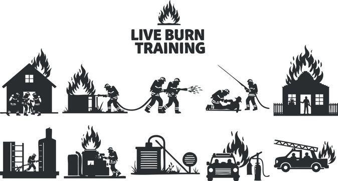 A set of firefighter training illustrations depicting live burn scenarios in black silhouette vector style, ideal for emergency service training materials