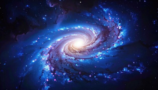 Vast Blue Spiral Galaxy with Bright Core and Swirling Arms Detailed Nebula Clouds and Distant Stars in Deep Space Cosmic Panorama - Powered by Adobe