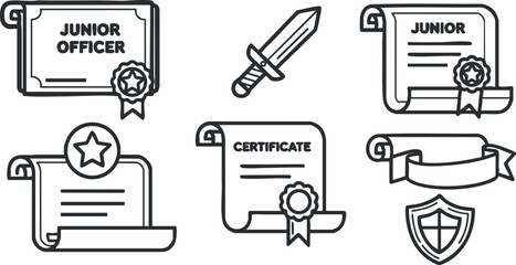 A collection of certificates, a sword, and a badge in clean outline vector style, suitable for educational and professional achievements