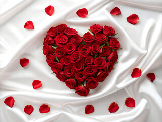 Heart shaped bouquet of red roses and petals on white silk fabric for romantic celebration.