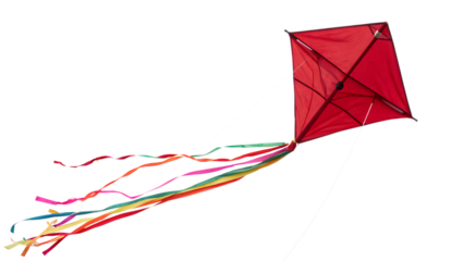 Red diamond kite with streamers isolated cut out on PNG. AI GENERATED.