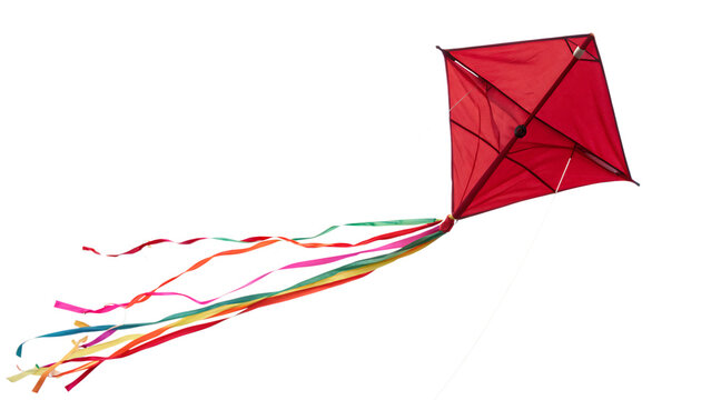 Red diamond kite with streamers isolated cut out on PNG. AI GENERATED.