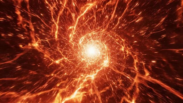 ﻿Seamlessly looping digital tunnel vortex composed of swirling hot orange and red plasma energy moving toward the viewer motion, infinity, texture