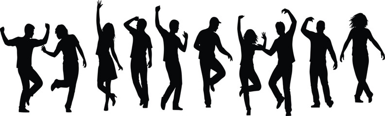 Obraz premium WebBlack Silhouettes of Ten Young People Dancing and Celebrating in High Energy Poses, Representing Party, Nightlife, and Joyful Freedom