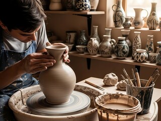 Potter working on a vase at a pottery wheel with finished pieces in the background
