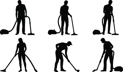 Silhouettes of people vacuuming floors in various poses vacuum cleaner cleaning