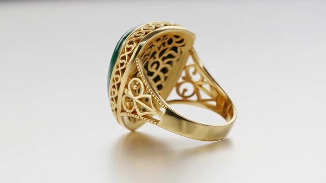 Ornate gold ring with a polished oval malachite gemstone, showcasing intricate metalwork and a smooth band