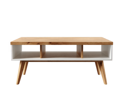 Modern coffee table with wooden top and white base minimalist furniture design isolated on white background