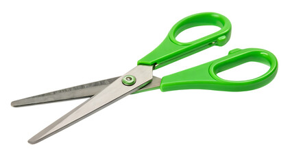 Fototapeta premium Open green plastic scissors for school or office use cut out on PNG. AI GENERATED.