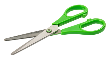 Open green plastic scissors for school or office use cut out on PNG. AI GENERATED.