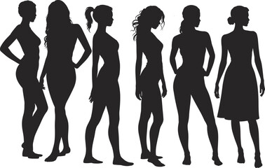 WebCollection of diverse, stylish female fashion model silhouettes in various standing poses, capturing contemporary beauty, elegance, and youthful urban lifestyle