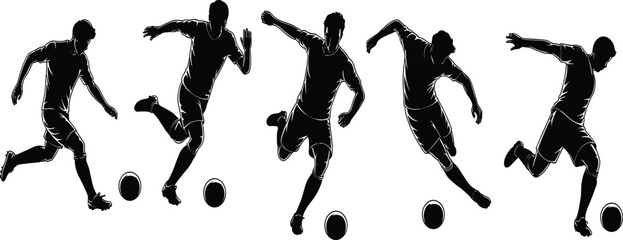 WebCollection of dynamic male soccer players in action poses, capturing kicking, running, and dribbling the football, symbolizing competition, skill, and sportsmanship.
