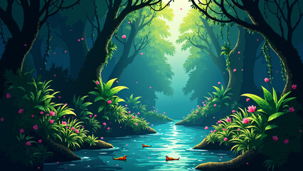 Detailed Anime Tropical Jungle Riverbank Vector Background