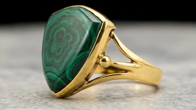 Elegant Shield-shaped malachite gemstone set in a polished yellow gold ring