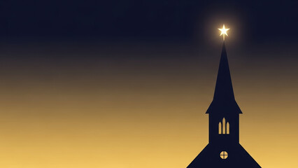Christmas church silhouette with glowing star at sunrise highlighting steeple. Christmas theme illustrated in church silhouette represents hope and peace during festive season.