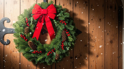 Christmas wreath adorned with red bow and pine cones on wooden door, featuring bright green pine branches and red berries.