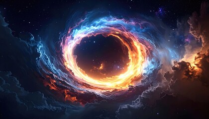 Vibrant Fiery Nebula With Swirling Blue Gas Clouds And Scattered Stars In Deep Space