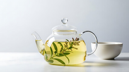 A clear glass teapot with a golden lemon verbena infusion sits next to a white ceramic cup on a minimalist white surface. A concept of tranquility and natural well-being.