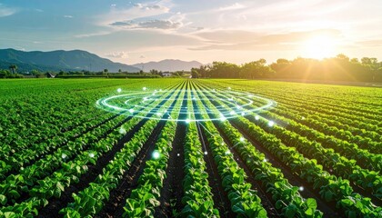 Vast green agricultural field at sunset with rows of crops illuminated by golden sunbeams and digital technology overlay representing smart farming innovation