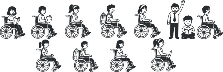 A collection of wheelchair users in various activities in flat black and white vector style, suitable for healthcare and accessibility themes
