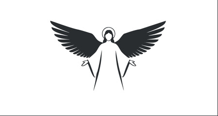 An angel figure with large wings in a minimalist outline vector style, suitable for spiritual and religious themes