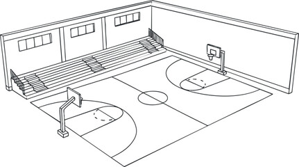 A detailed outline illustration of a basketball court with two hoops and bleachers in a minimalist vector style, suitable for sports facility design