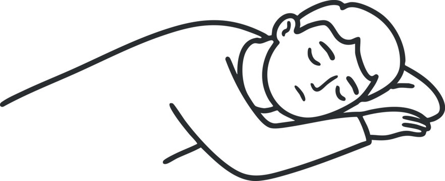 A peaceful person lying down and sleeping in a simple black and white outline vector style, ideal for wellness and relaxation themes