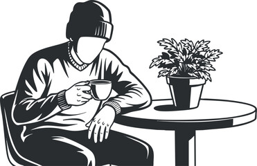 A person sitting at a table with a coffee cup and a plant in minimalist black and white vector style, ideal for lifestyle illustrations