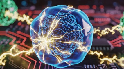 A microscopic view of an energetic cell with internal structure amidst an integrated circuit - Powered by Adobe