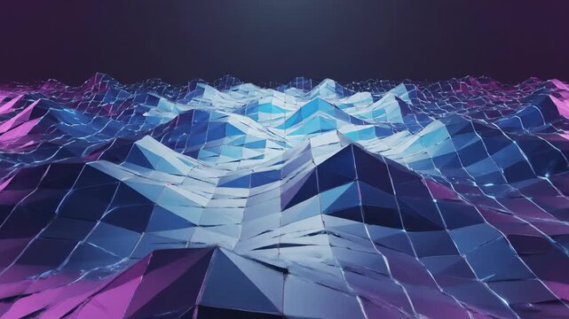 Seamlessly looping dimensional harmony background featuring an infinite flow of abstract blue and purple polygonal surfaces dimensional harmony background, depth, corporate