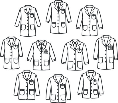 A collection of medical coats and uniforms in black outline vector style, suitable for healthcare branding and educational materials