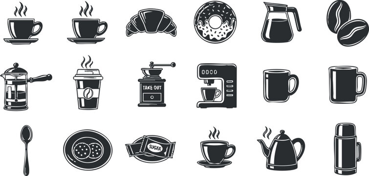 A set of coffee and tea icons including cups, croissants, donuts, and brewing equipment in black and white minimalist vector style, ideal for cafe branding and menu design