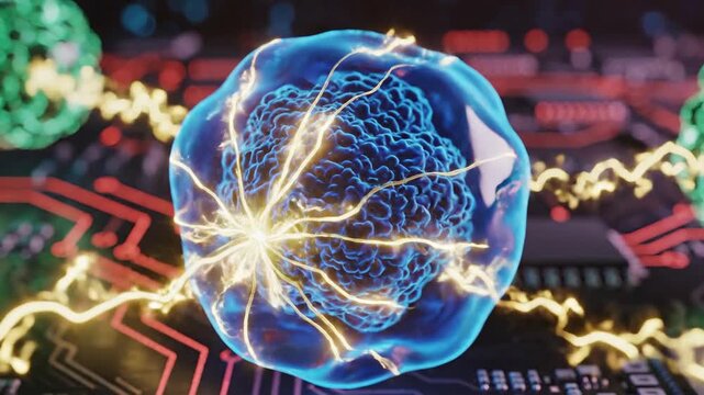 A microscopic view of an energetic cell with internal structure amidst an integrated circuit