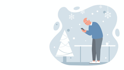 Senior man uses smartphone in a cold festive setting Holiday greetings and technology illustration © Office Stock Pro