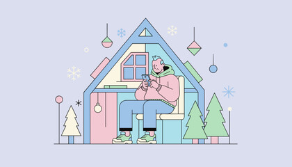 Man uses smartphone in a cozy Aframe cabin surrounded by snow and winter trees Holiday stay