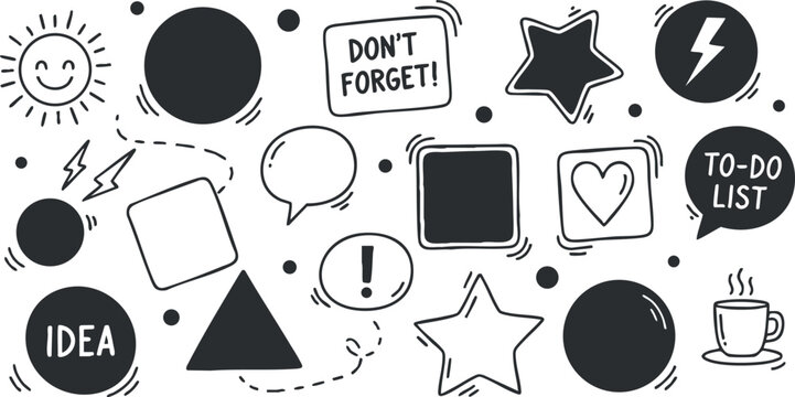 A collection of doodle-style icons including stars, circles, triangles, and speech bubbles in black and white vector style, ideal for creative note-taking and planning