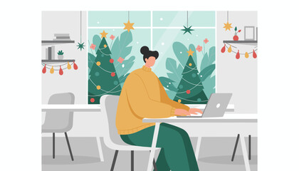 Remote work during holidays person using laptop in a cozy Christmasdecorated office setting