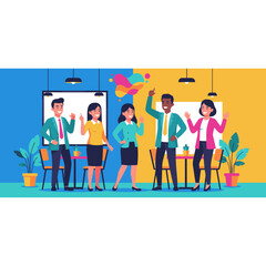 Diverse business team celebrating great ideas and success in a vibrant modern office