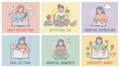 Fototapeta premium Set of illustrations for selfimprovement journaling and mental wellbeing daily reflection goal setting gratitude