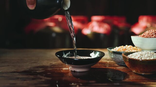 White wine pour into black bowl with grains and legumes on rustic wooden kitchen table
