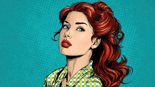 Bold woman in pop art style with red hair and blue eyes looks confident and stylish on turquoise dotted background
