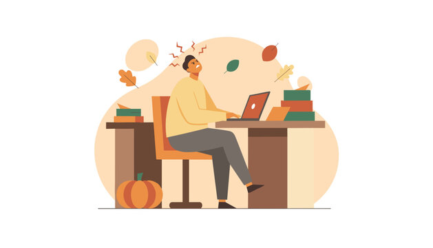 Autumn work burnout Angry man stressed by heavy deadlines and tasks at desk with pumpkin