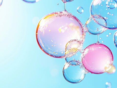 Close-up of colorful bubbles floating against a soft blue background. The bubbles are connected and have water droplets around them.