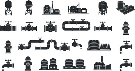 A collection of water and plumbing infrastructure icons in flat black vector style, ideal for engineering and utility design projects