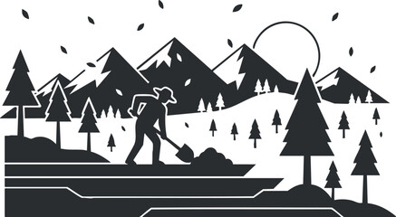 A silhouette of a person digging in a mountainous landscape with trees and a setting sun in black and white vector style, ideal for environmental themes and outdoor projects