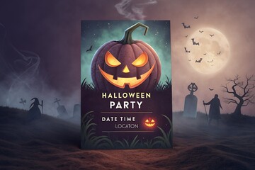 Spooky halloween party invitation with jack o lantern and graveyard scene