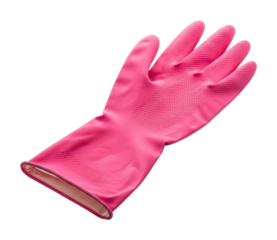 Cleaning action with pink rubber gloves in home environment isolated on transparent background