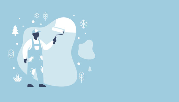 Worker painting wall with roller flat winter illustration for maintenance and repair services