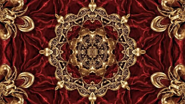 Intricate golden floral pattern overlay on deep red textured fabric background abstract
