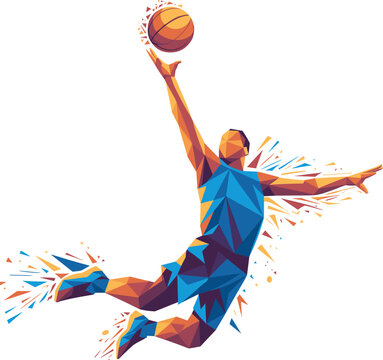 WebDynamic Low Poly Illustration of a Basketball Player Jumping to Shoot or Dunk, Symbolizing Action, Sport Competition, and Athletic Energy.